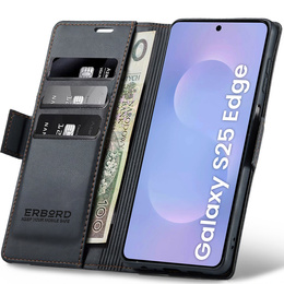 Husă pentru Samsung Galaxy S25 Edge, ERBORD Glossy Litchi, portofel cu clapetă, negru