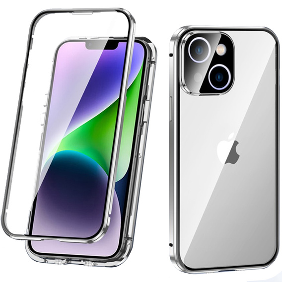 Husa pentru iPhone 14, Magnetic Dual Glass, de argint