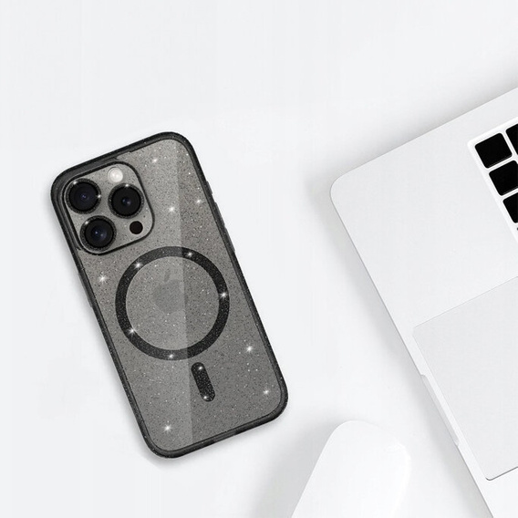 Husă pentru iPhone 16 Pro, ERBORD Glitter MagSafe, negru + Sticlă pentru ecran