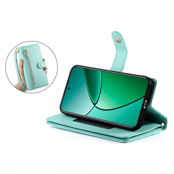 Cu clapetă pentru Realme 14 Pro 5G, Wallet Zipper Pocket, de mentă