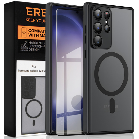 Husă pentru Samsung Galaxy S23 Ultra, pentru MagSafe, ERBORD Matt Case, negru + sticlă pentru ecran
