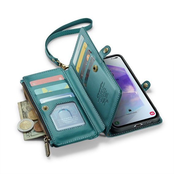 Husă CASEME pentru Samsung Galaxy A55 5G, RFID Leather Wallet, cu curea de umăr, verde