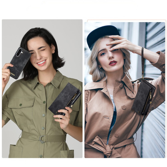 Husă CASEME pentru Samsung Galaxy A56 5G, Retro Leather Wallet, cu curea de umăr, negru