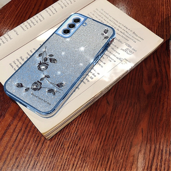 Husă pentru Samsung Galaxy S21 FE, Glitter Flower, albastru