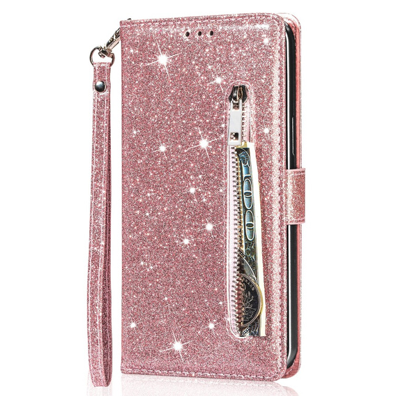 Cu clapetă pentru Samsung Galaxy A36 5G, Wallet Zipper Pocket Glittery, roz rose gold