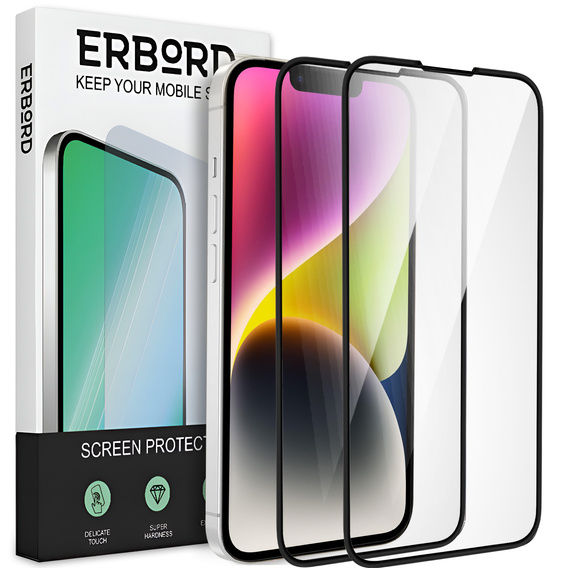 2x sticlă călită pentru iPhone 14, ERBORD 3D pentru întregul display