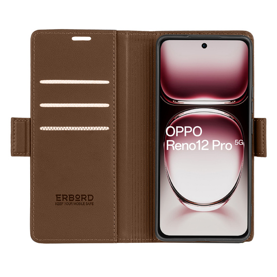 Husă pentru Oppo Reno 12 Pro, ERBORD Glossy Litchi, portofel cu clapetă, maro
