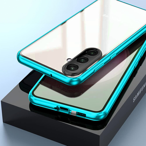 Carcasă pentru Samsung Galaxy A17 5G, Magnetic Dual Glass, transparentă cu părți albastre