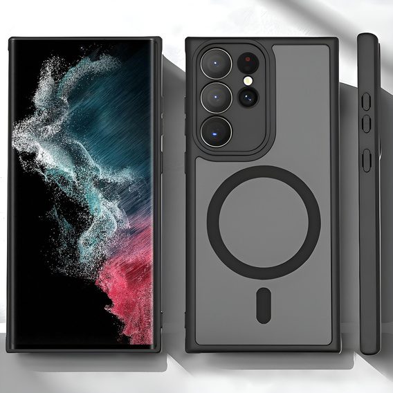 Husă pentru Samsung Galaxy S22 Ultra, pentru MagSafe, ERBORD Matt Case, negru + sticlă pentru ecran