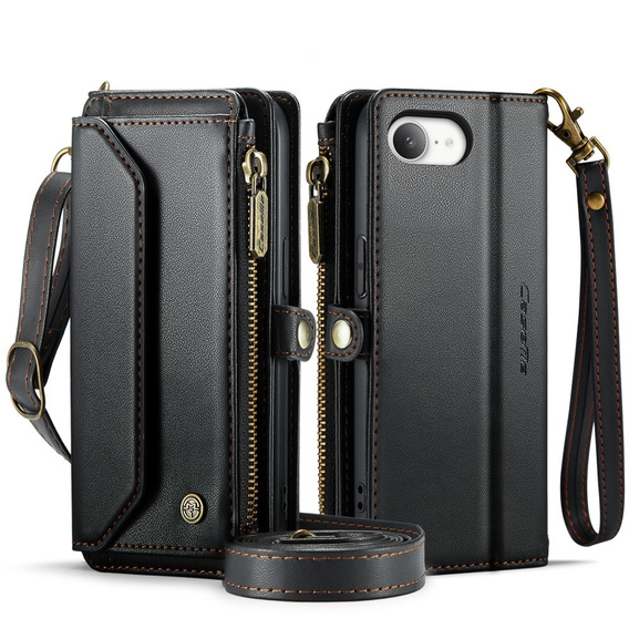 Husă CASEME pentru iPhone16e, RFID Leather Wallet, cu curea de umăr, negru