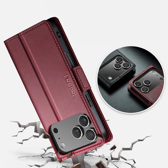 ERBORD Glossy Litchi caz, flip portofel pentru iPhone 17 Pro Max