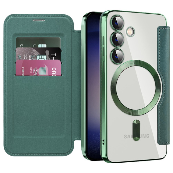 Cu clapetă pentru Samsung Galaxy S24+ Plus, RFID Wallet MagSafe CamShield, verde