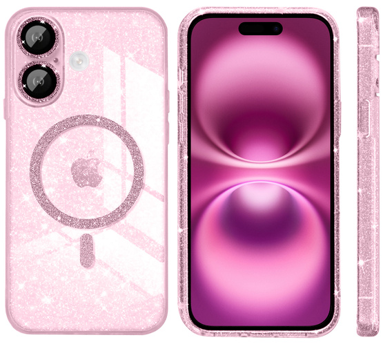 Husă pentru iPhone 16, ERBORD Glitter MagSafe, roz + Sticlă pentru ecran