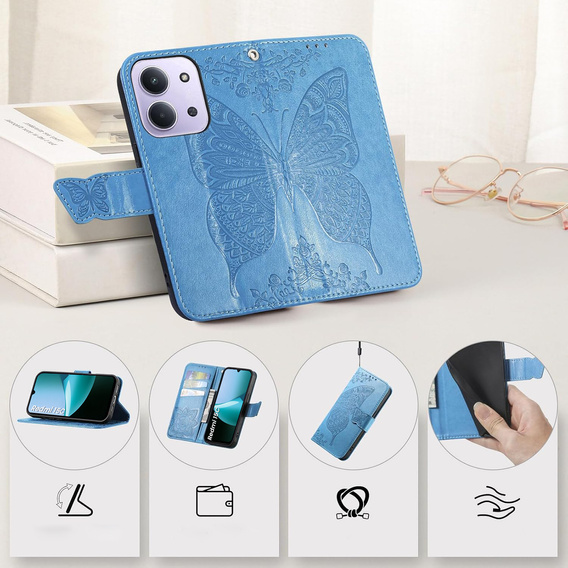 Cu clapetă pentru Xiaomi Redmi 15C 4G/LTE, Butterfly, albastru