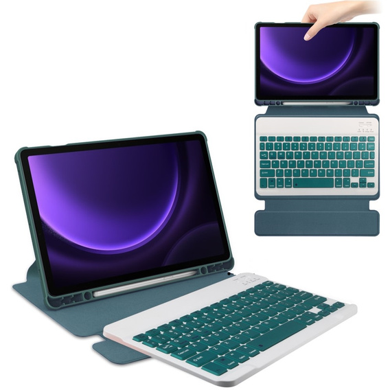 Husă pentru tastatură pentru Samsung Galaxy Tab S10 Lite / S10 FE / S9 FE, Rotary 360° Leather, verde închis