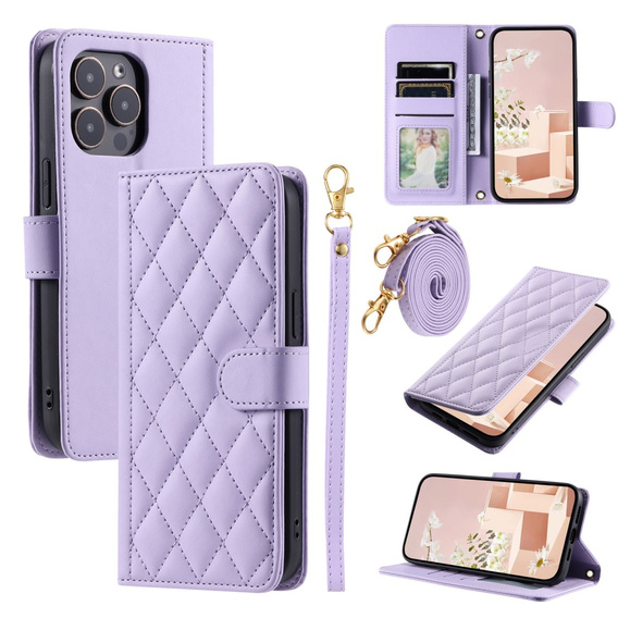 Husă cu clapetă pentru iPhone 16 Pro Max, Rhombus Crossbody Leather, violet