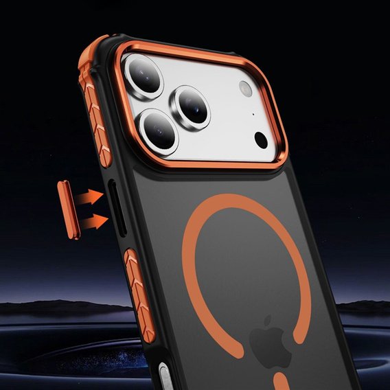 Carcasă Matt pentru iPhone 17 Pro Max, blindată, pentru MagSafe, fumurie cu părți portocalii