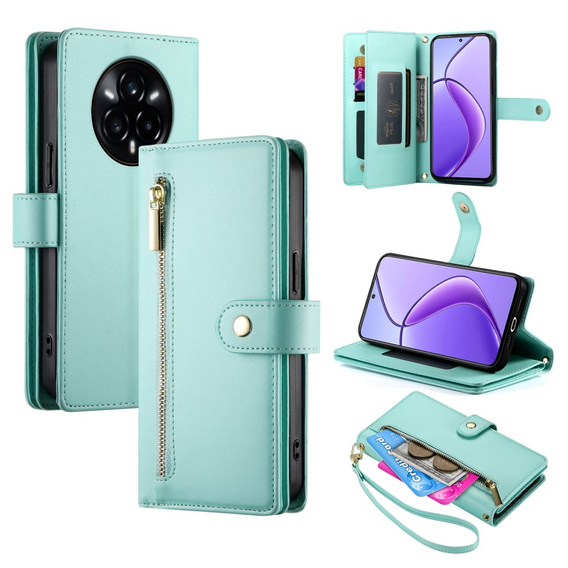 Cu clapetă pentru Realme 14 Pro+ 5G, Wallet Zipper Pocket, de mentă