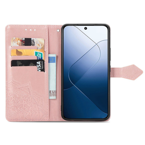 Cu clapetă pentru Xiaomi 14T Pro, Mandala, roz rose gold