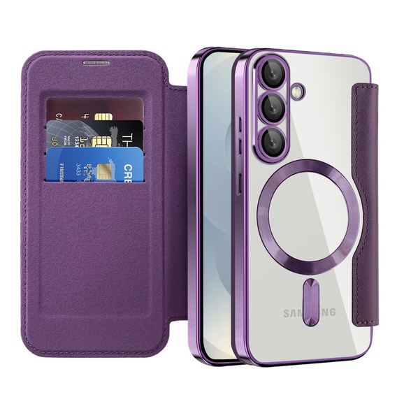 Cu clapetă pentru Samsung Galaxy S25, RFID Wallet MagSafe CamShield, violet