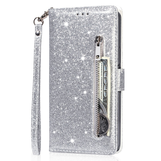 Cu clapetă pentru Samsung Galaxy A36 5G, Wallet Zipper Pocket Glittery, de argint