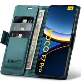 Husă pentru Xiaomi Poco F7 Pro, ERBORD Glossy Litchi, portofel cu clapetă, verde