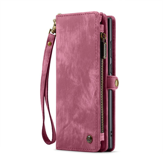 Husă CASEME pentru Samsung Galaxy S25 Ultra, Retro Leather Wallet, cu curea de umăr, roșu