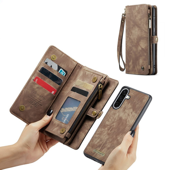 Husă CASEME pentru Samsung Galaxy A56 5G, Retro Leather Wallet, cu curea de umăr, maro