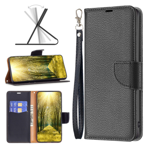 Cu clapetă pentru Samsung Galaxy A25 5G, Wallet Litchi Leather, negru + sticlă 9H