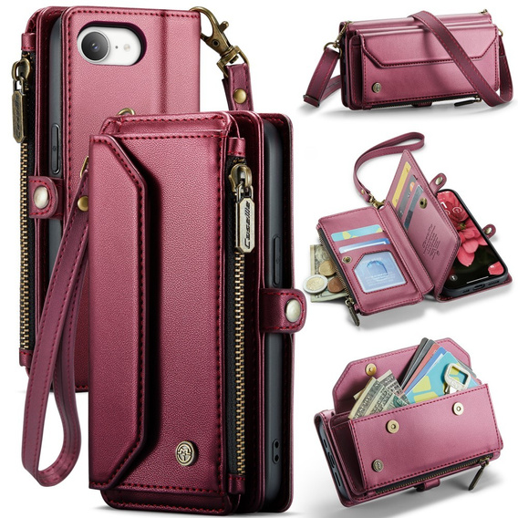 Husă CASEME pentru iPhone16e, RFID Leather Wallet, cu curea de umăr, roșu