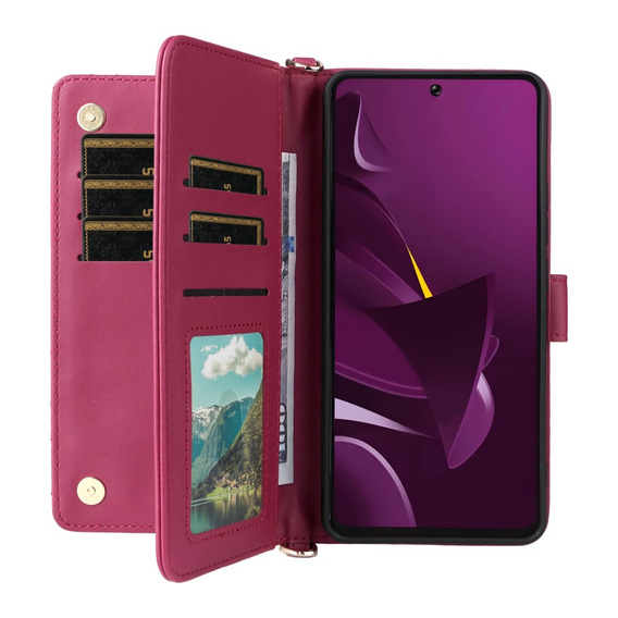 Carcasă cu clapetă pentru Xiaomi Poco M7 Pro 5G, Crossbody Leather Wallet, maroon