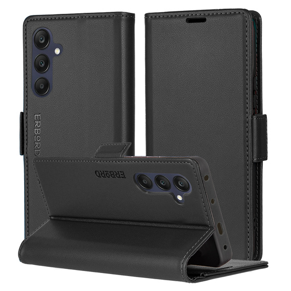 Husă pentru Samsung Galaxy S25, ERBORD Glossy Litchi, portofel cu clapetă, negru