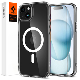 Carcasă MagSafe Spigen pentru iPhone 15, Ultra Hybrid, transparent / alb + 9H Tempered Glass