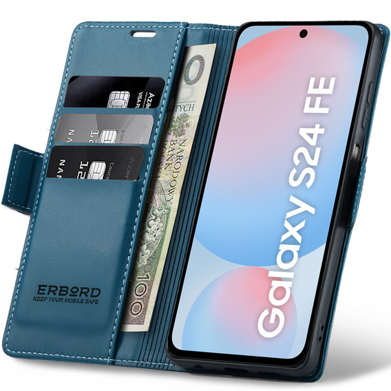 Husă pentru Samsung Galaxy S24 FE, ERBORD Glossy Litchi, portofel cu clapetă, albastru