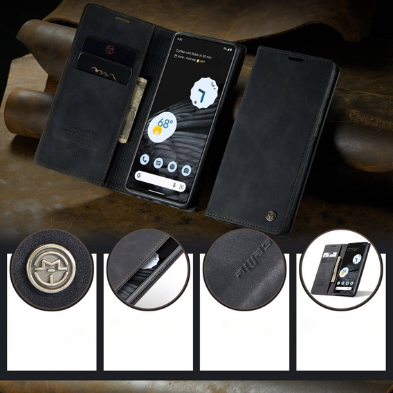 Husa CASEME pentru Google Pixel 7, Leather Wallet Case, negru