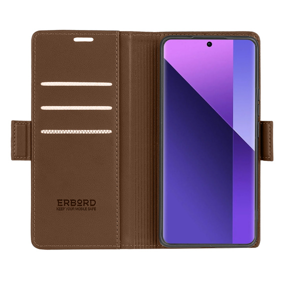 Husă pentru Xiaomi Redmi Note 13 Pro+, ERBORD Glossy Litchi, portofel cu clapetă, maro