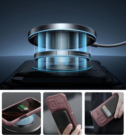 Husă blindată pentru iPhone 16 Pro, Dexnor CamProtect MagSafe, roz (Două rame)