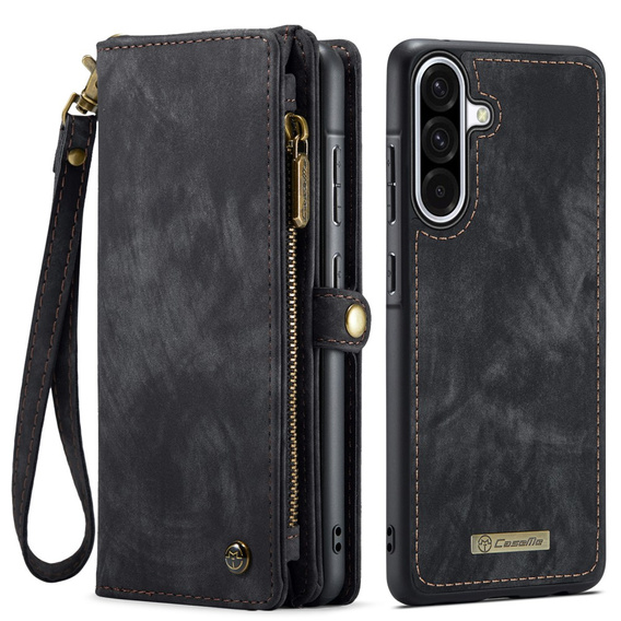 Husă CASEME pentru Samsung Galaxy A56 5G, Retro Leather Wallet, cu curea de umăr, negru
