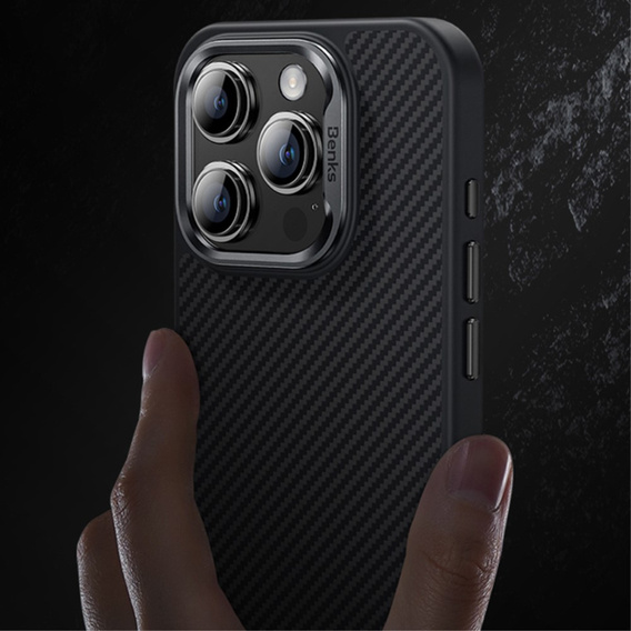 Carcasa BENKS Kevlar pentru iPhone 15 Pro Max, pentru MagSafe, Carbon Fiber, negru