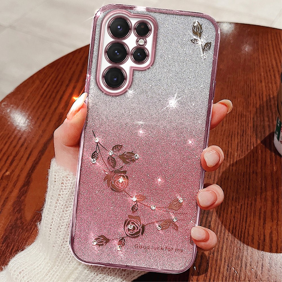 Husă pentru Samsung Galaxy S23 Ultra, Glitter Flower, roz rose gold