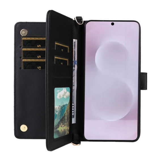 Carcasă cu clapetă pentru Samsung Galaxy S25 Edge, Crossbody Leather Wallet, negru