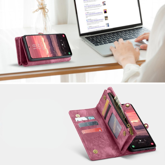 Husă CASEME pentru Samsung Galaxy A56 5G, Retro Leather Wallet, cu curea de umăr, roșu