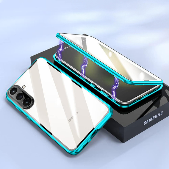 Carcasă pentru Samsung Galaxy A17 5G, Magnetic Dual Glass, transparentă cu părți albastre