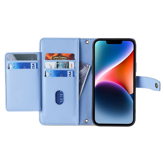 Cu clapetă pentru iPhone 15 Pro, Wallet Zipper Pocket, albastru