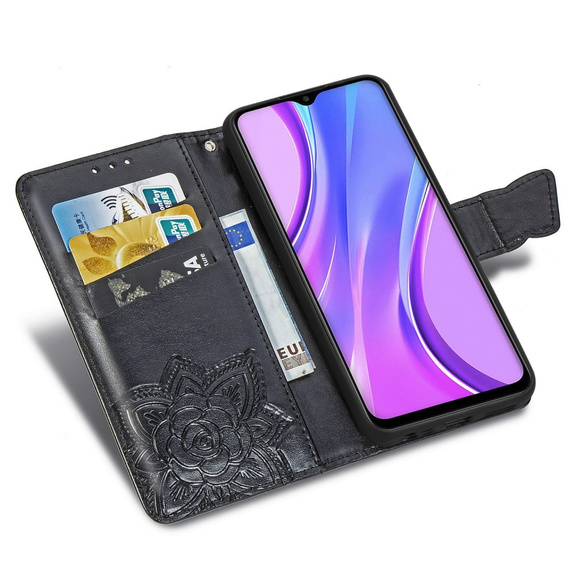 Cu clapetă pentru Xiaomi Redmi 9, Butterfly, negru