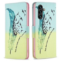 Cu clapetă pentru Samsung Galaxy A35 5G, Wallet, Feather albastru / galben