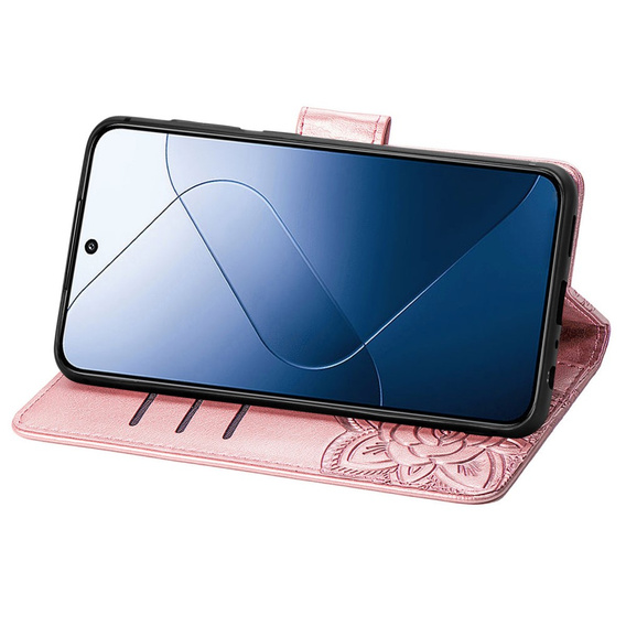 Cu clapetă pentru Xiaomi 14T Pro, Butterfly, roz rose gold