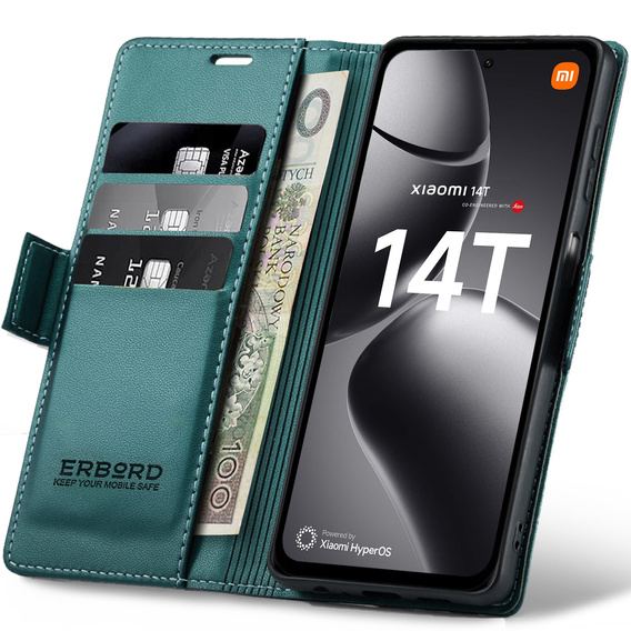 Husă pentru Xiaomi 14T, ERBORD Glossy Litchi, portofel cu clapetă, verde