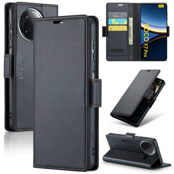 Husă pentru Xiaomi Poco F7 Pro, ERBORD Glossy Litchi, portofel cu clapetă, negru