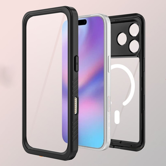 Carcasă Redpepper pentru iPhone 17 Pro, impermeabilă IP68, pentru MagSafe, transparentă cu laturi negre